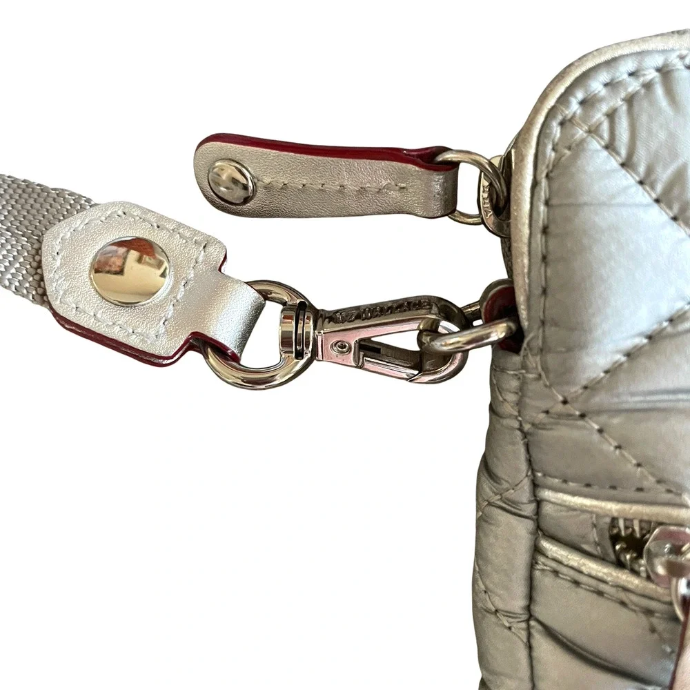 MZ WALLACE Micro Crosby Women's Silver Quilted Crossbody Bag Top Zip Nylon Strap - Picture 3 of 8
